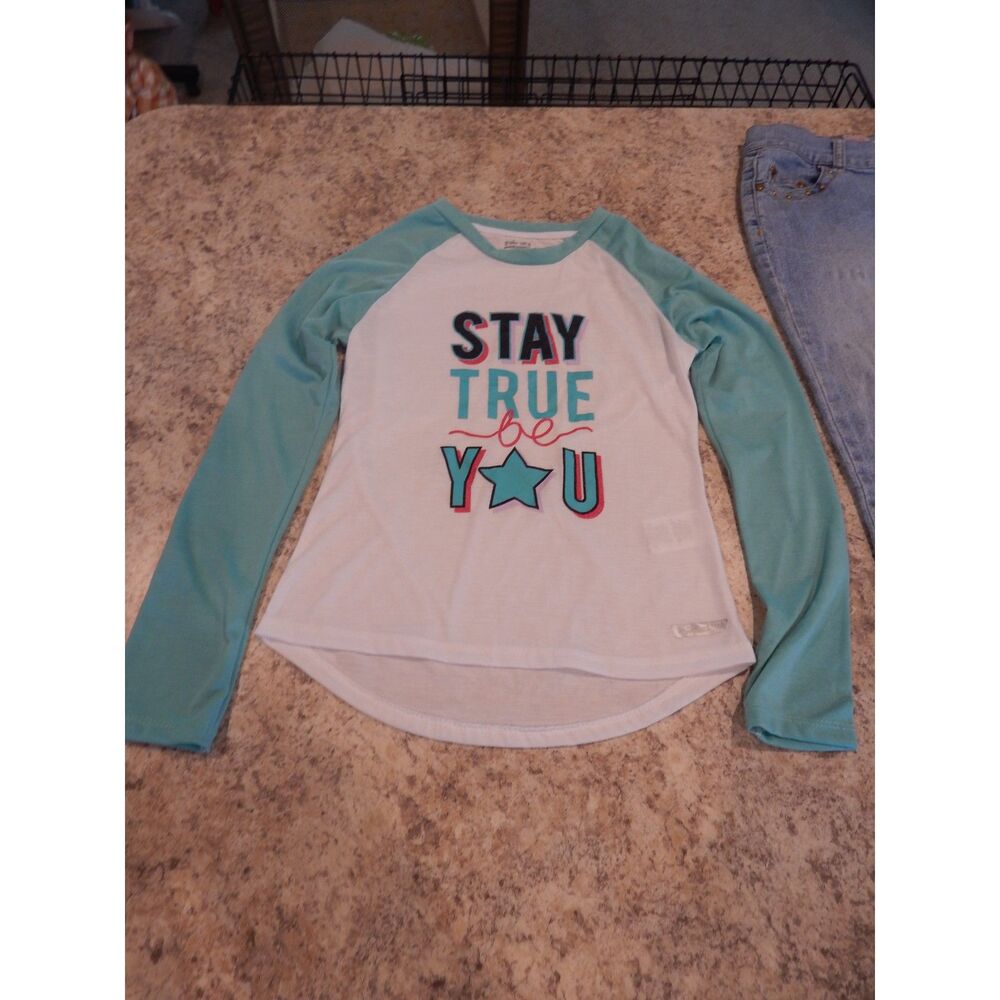 Hind Girls Large 10/12 Long Sleeve Inspirational Graphic Shirt White/Teal NWOT